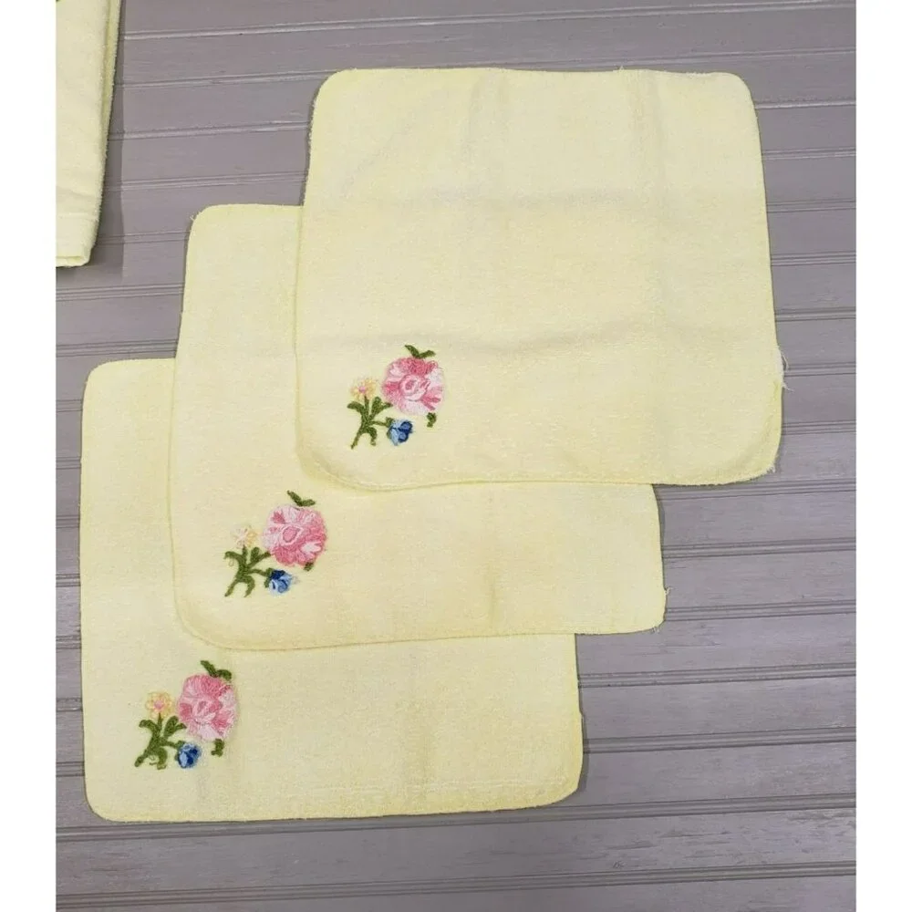 5 pc Vintage Towel Set, The Bathworks, Yellow with Embroidered Flowers